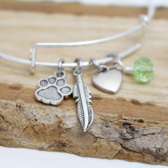 Paw Print, Feather & Heart Adjustable Charm Bangle - Handcrafted Hypoall… - Picture 1 of 4